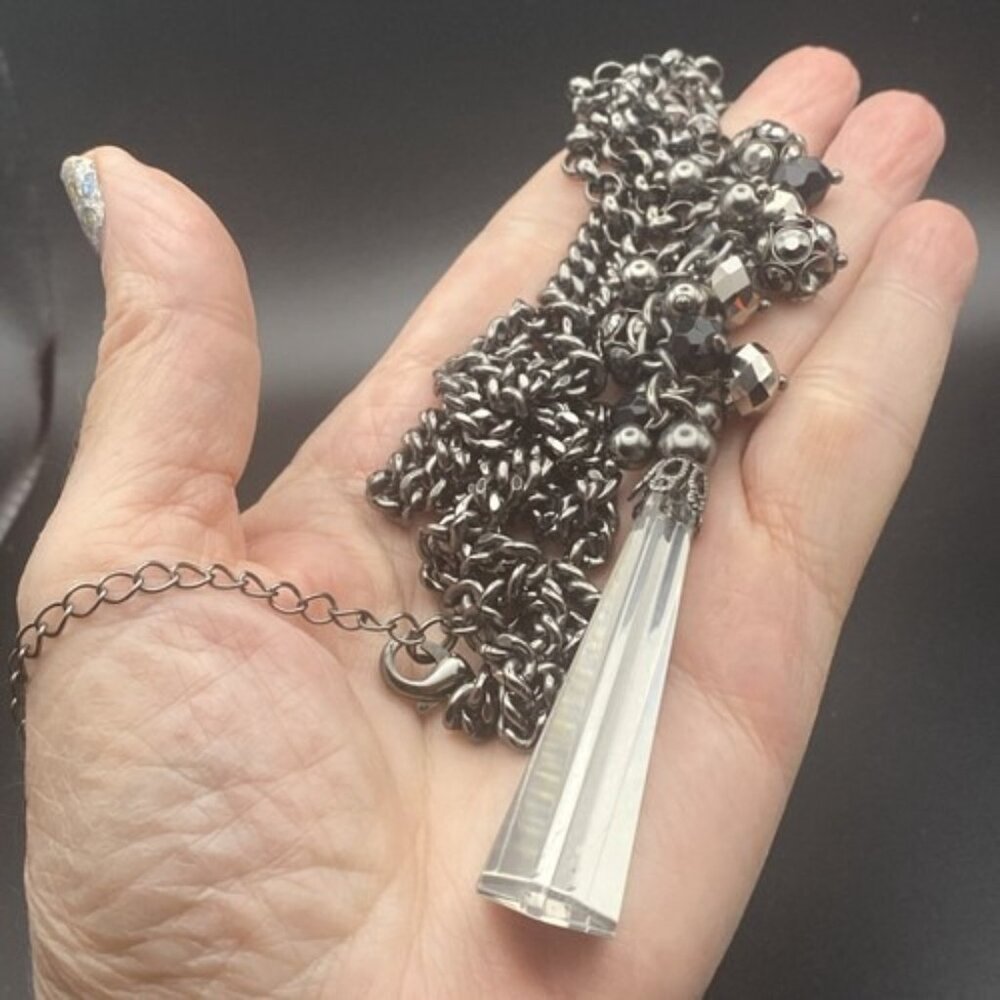 Lia Sophia MARABOU 5" Mirrored Pendant & AB Crystal 28+3" Gunmetal Necklace Rolo - Picture 9 of 10